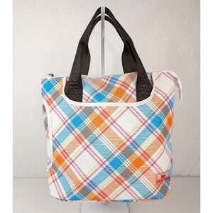 Belle Vesta Woven Colorful‎ Plaid Zipper Top Tote Bag Shoulder Lunch 3 Pocket